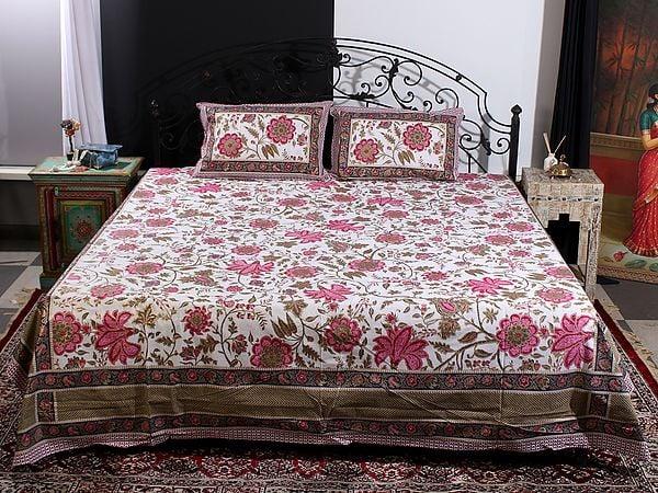 exotic india Cloud-Cream Mughal Bold Floral Vine Motif Gold Outline Print Queen Size Bedsheet With Two Pillow Cover 