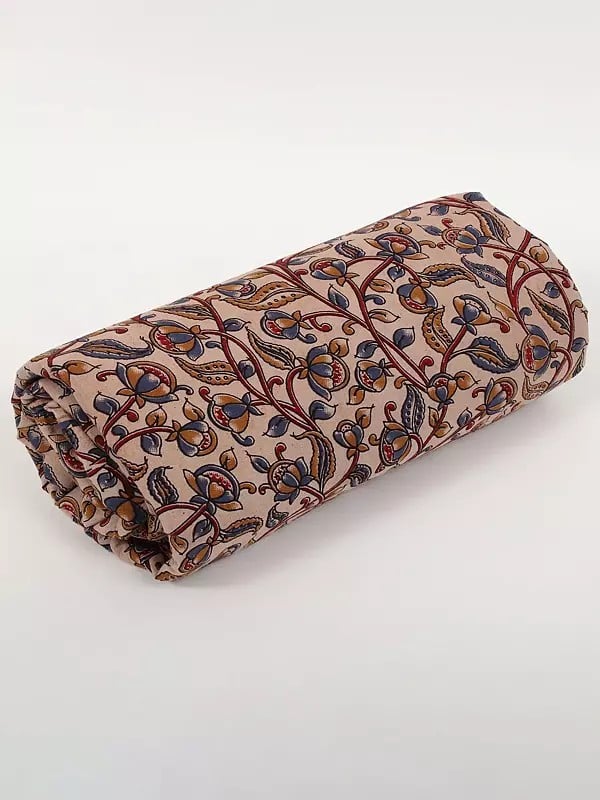 Exotic India Cloud-Cream Pure Cotton Kalamkari Vine Motif Blocked Printed Fabric 