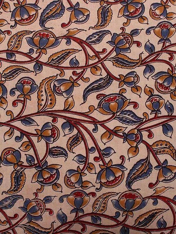 Exotic India Cloud-Cream Pure Cotton Kalamkari Vine Motif Blocked Printed Fabric 