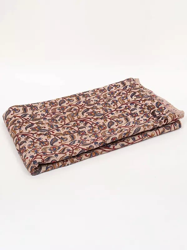 exotic india Cloud-Cream Pure Cotton Kalamkari Vine Motif Blocked Printed Fabric 