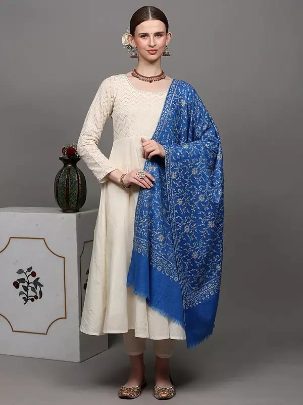 Exotic India Cobalt-Blue Pure Pashmina Stole With Detailed Floral Kalamkari Embroidery 