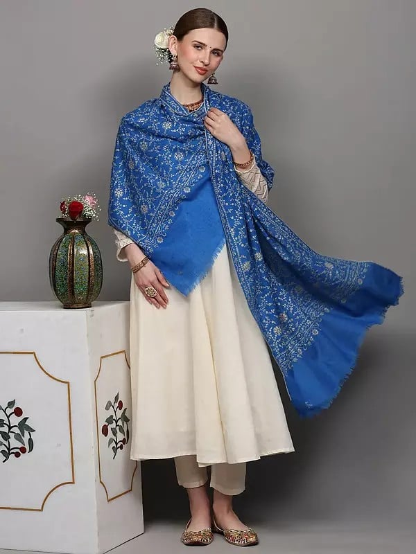 Exotic India Cobalt-Blue Pure Pashmina Stole With Detailed Floral Kalamkari Embroidery 