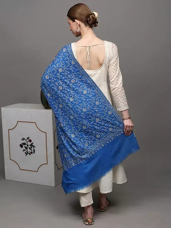 Exotic India Cobalt-Blue Pure Pashmina Stole With Detailed Floral Kalamkari Embroidery 