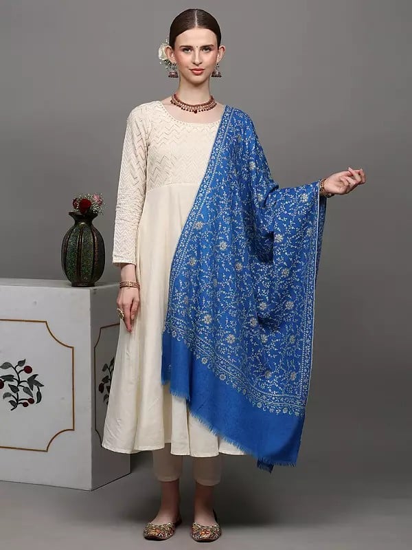 exotic india Cobalt-Blue Pure Pashmina Stole With Detailed Floral Kalamkari Embroidery 