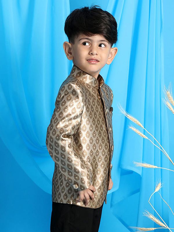 Exotic India Coffee Silk Blend Self Woven Bracode Jodhpuri Coat 