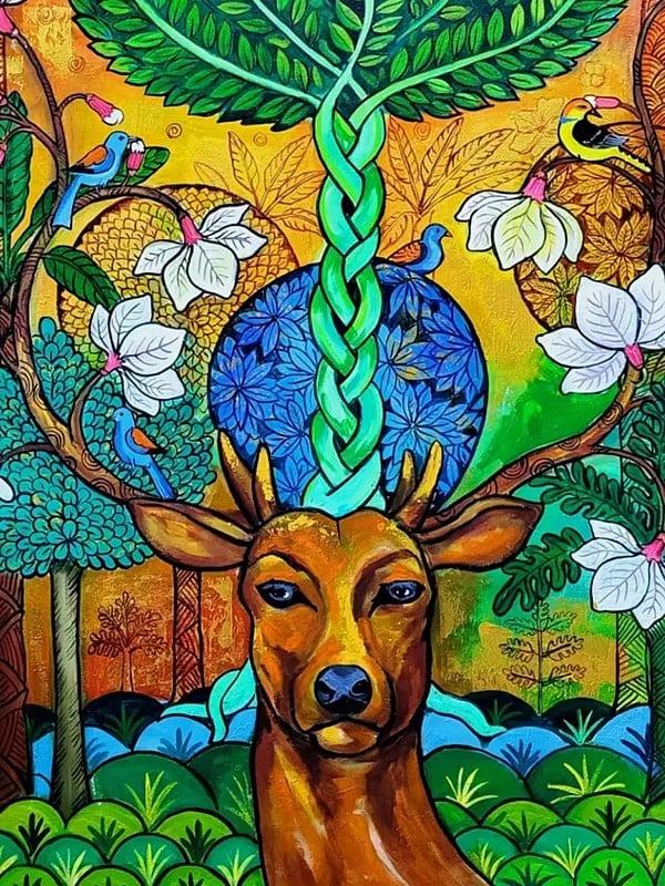 Exotic India Colorful Deer Forest (Nature Love) | Acrylic On Canvas | By Arjun Das 