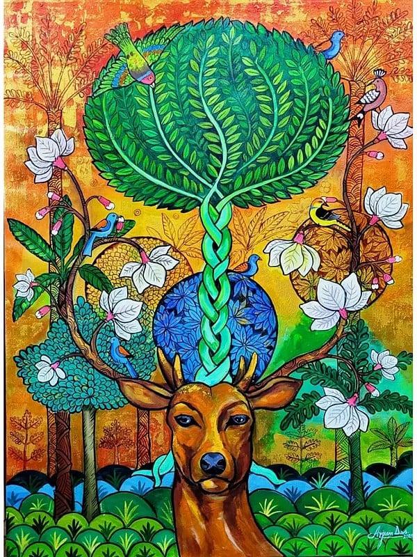 exotic india Colorful Deer Forest (Nature Love) | Acrylic On Canvas | By Arjun Das 
