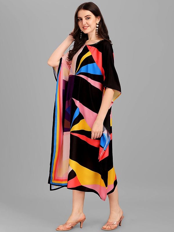 Exotic India Colourblocked Printed Rayon Midi Kaftan 