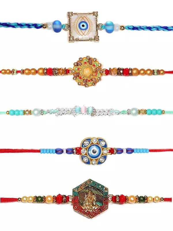 exotic india Combo of Five Spiritual Rakhi with Beads 