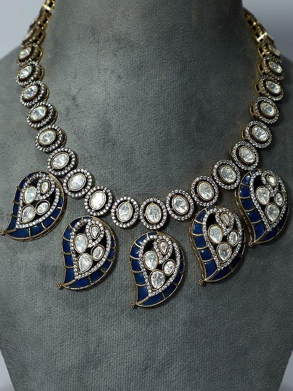 Exotic India Copper And Kundan Beautiful Design Stone Studded Necklace Set With Earrings