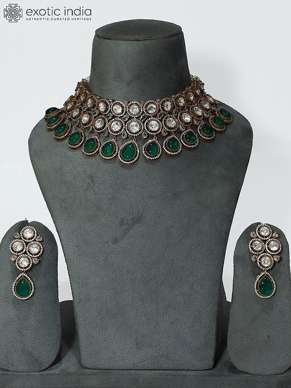 exotic india Copper And Kundan Choker Stone Studded Choker Necklace Set With Earrings 