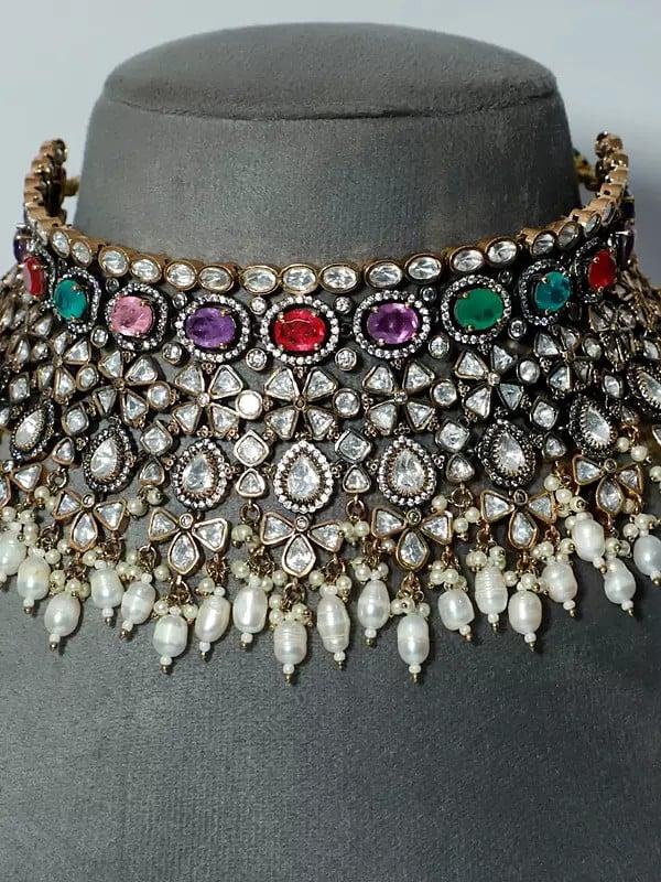 Exotic India Copper And Kundan Embellished Stone Studded Choker Necklace Set With Earrings