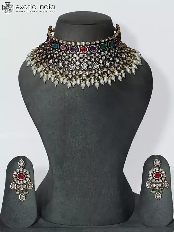 exotic india Copper And Kundan Embellished Stone Studded Choker Necklace Set With Earrings 