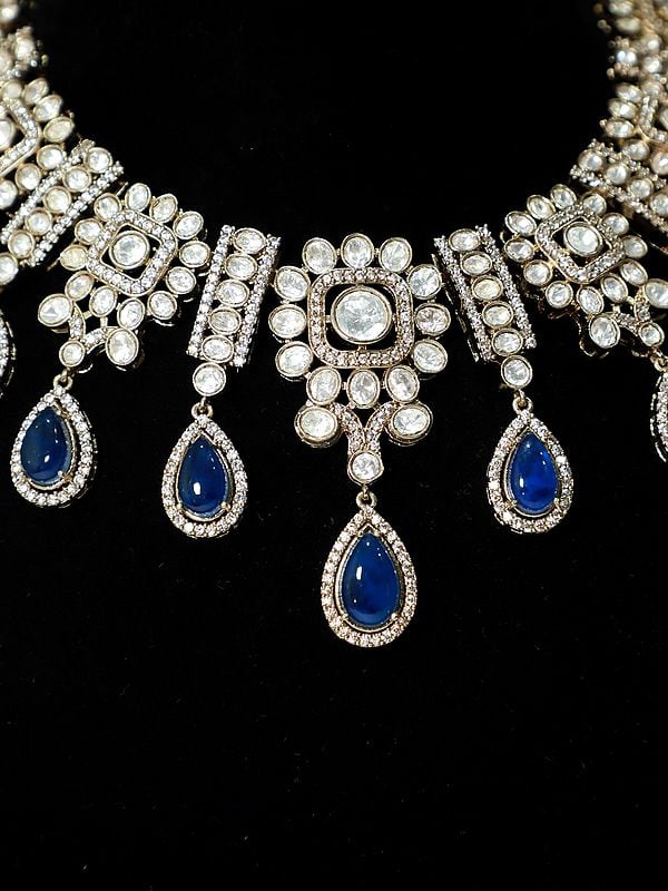 Exotic India Copper And Kundan Stone Studded Designer Necklace Set With Earrings 