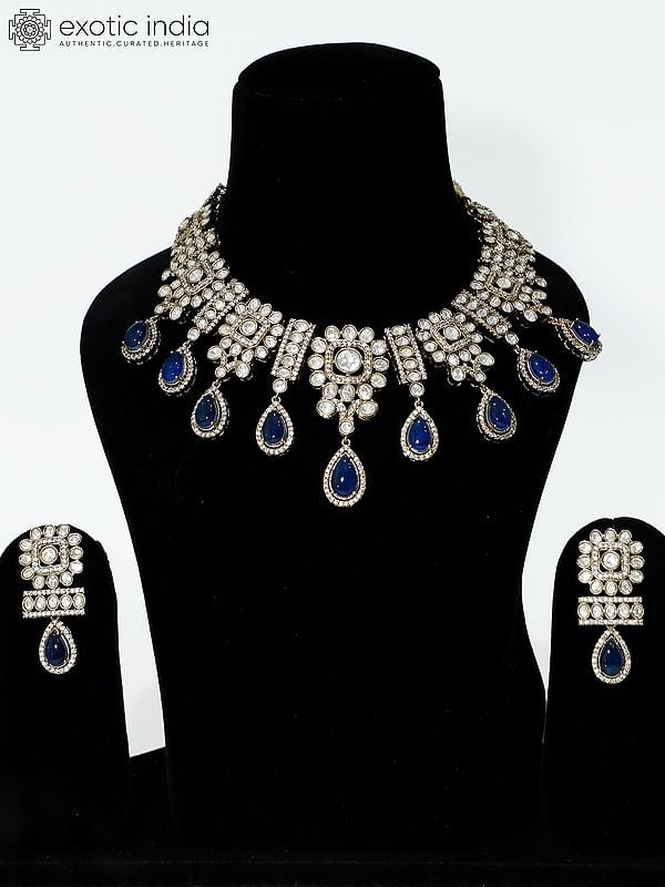 exotic india Copper And Kundan Stone Studded Designer Necklace Set With Earrings 