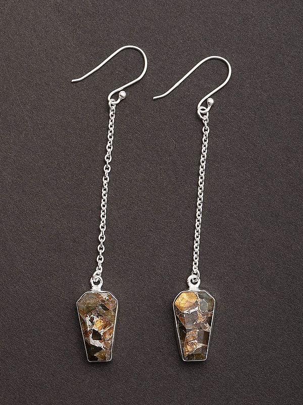 Exotic India Copper Turquoise Long Stelring Silver Earrings 