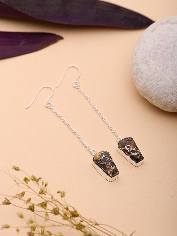 Exotic India Copper Turquoise Long Stelring Silver Earrings 