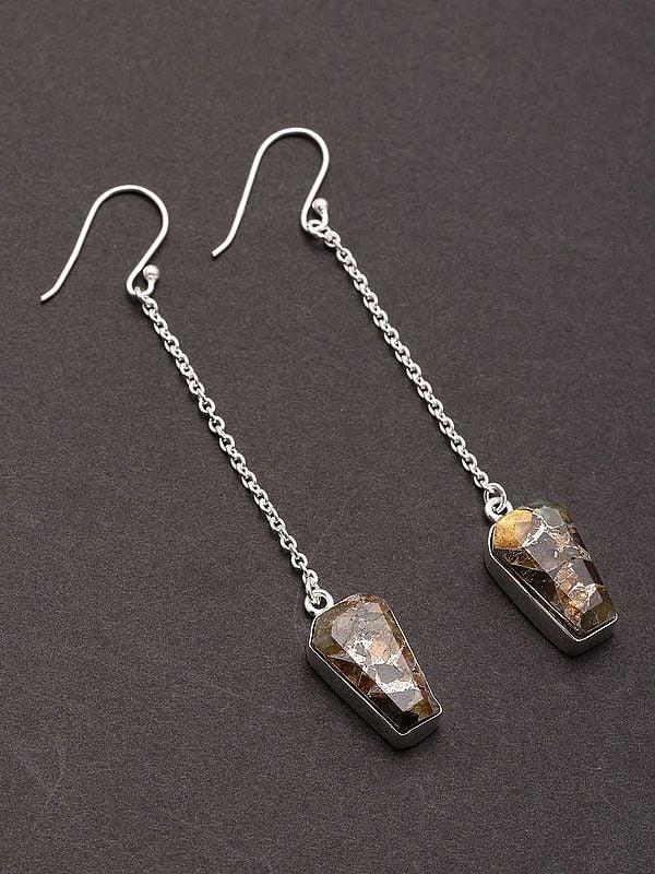 exotic india Copper Turquoise Long Stelring Silver Earrings
