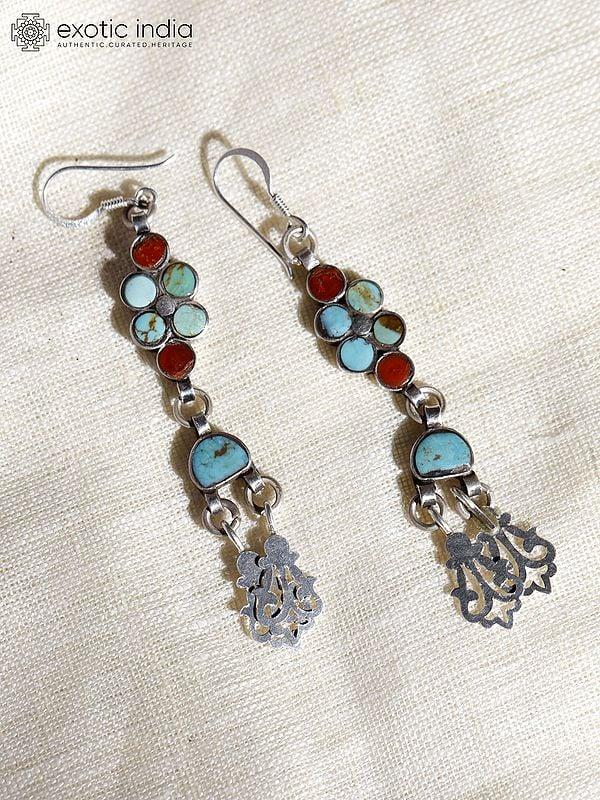Exotic India Coral And Royston Turquoise Dangle Earrings