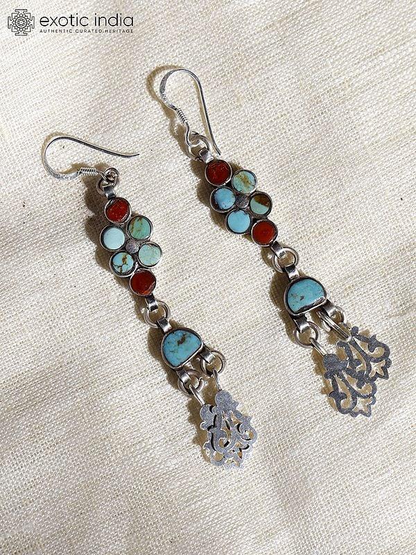 Exotic India Coral And Royston Turquoise Dangle Earrings