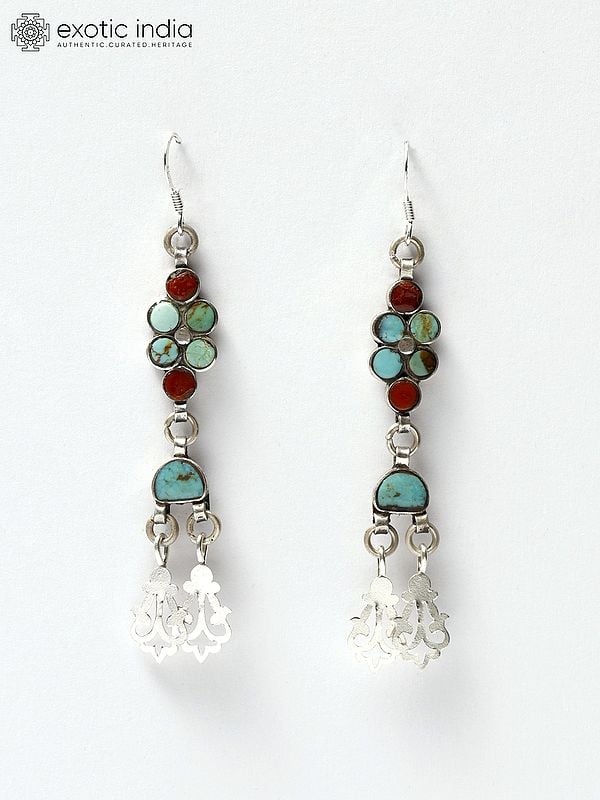exotic india Coral and Royston Turquoise Dangle Earrings