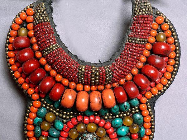 Exotic India Coral And Torquoise Stone Necklace From Ladakh 