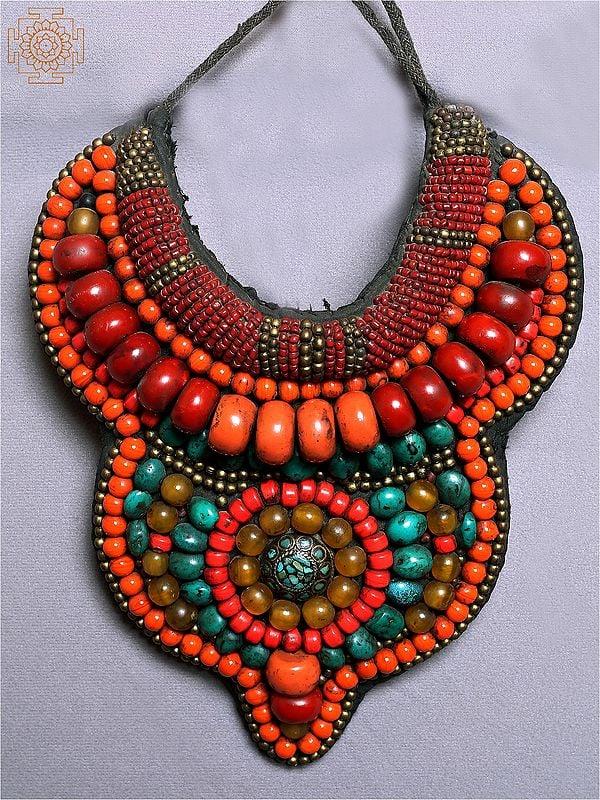 exotic india Coral and Torquoise Stone Necklace from Ladakh 