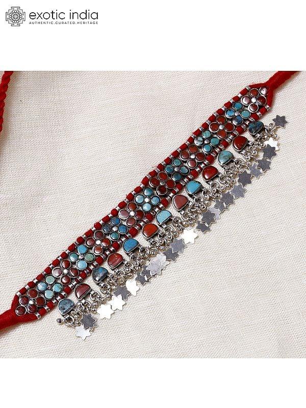 Exotic India Coral And Turquoise Choker With Dangling Silver Stars 