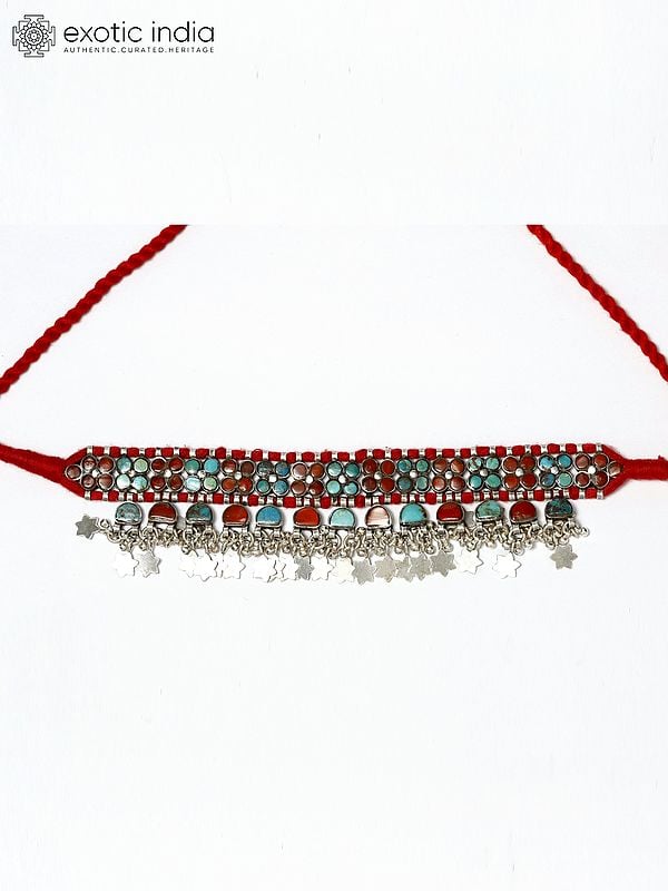 exotic india Coral and Turquoise Choker with Dangling Silver Stars 
