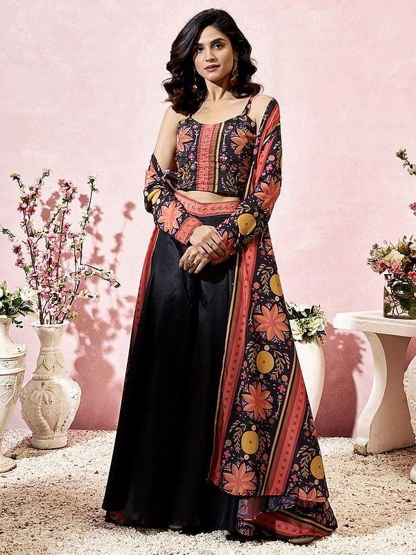 Exotic India Coral-Pink Heavy Crepe Floral Printed Three Piece Koti Style Indo-Western Suit With Long Shrug