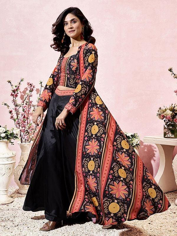 Exotic India Coral-Pink Heavy Crepe Floral Printed Three Piece Koti Style Indo-Western Suit With Long Shrug