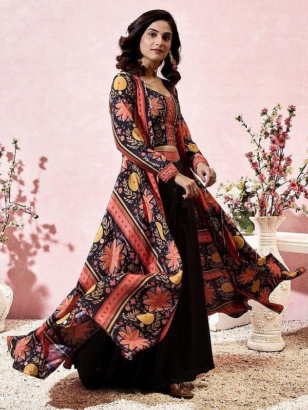 Exotic India Coral-Pink Heavy Crepe Floral Printed Three Piece Koti Style Indo-Western Suit With Long Shrug