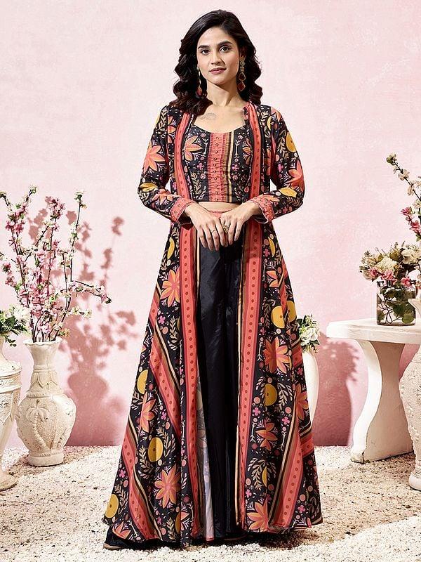 exotic india Coral-Pink Heavy Crepe Floral Printed Three Piece Koti Style Indo-Western Suit With Long Shrug