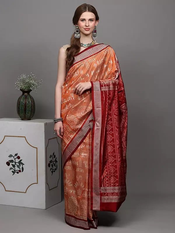 Exotic India Coral-Sand Pure Silk Bomkai Saree From Orissa With Woven Warli Folk Motifs And Maroon Contrast Border-Anchal 