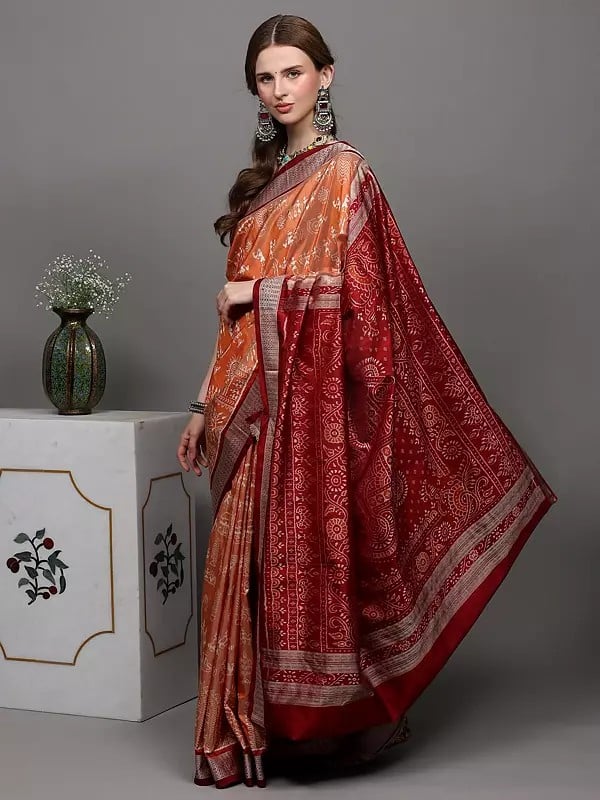 Exotic India Coral-Sand Pure Silk Bomkai Saree From Orissa With Woven Warli Folk Motifs And Maroon Contrast Border-Anchal 