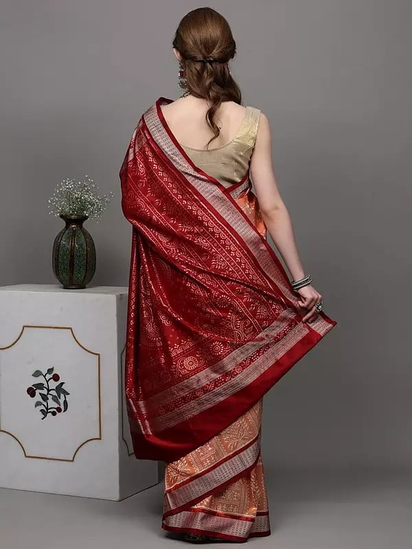 Exotic India Coral-Sand Pure Silk Bomkai Saree From Orissa With Woven Warli Folk Motifs And Maroon Contrast Border-Anchal 