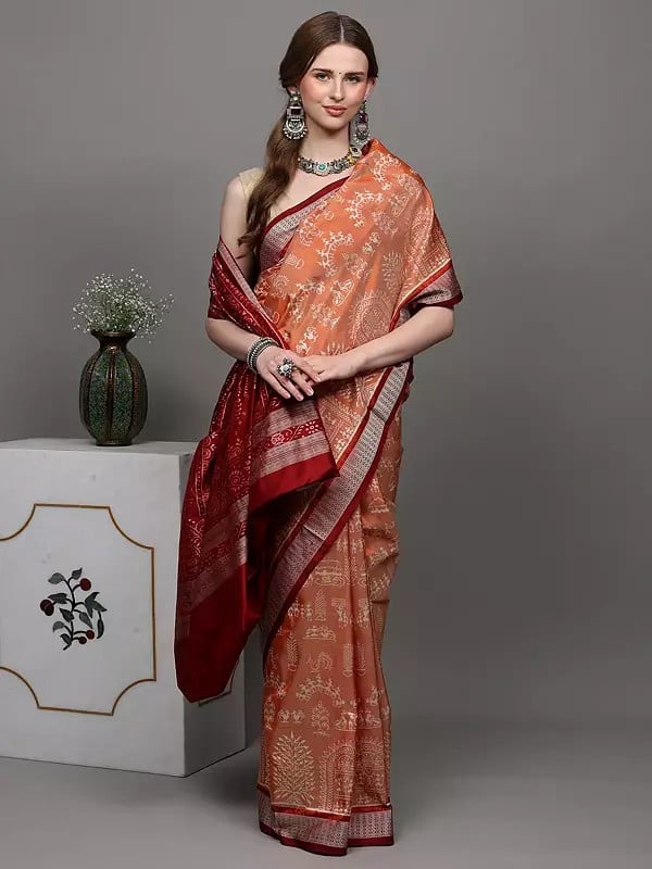 exotic india Coral-Sand Pure Silk Bomkai Saree from Orissa with Woven Warli folk Motifs and Maroon Contrast Border-Anchal 