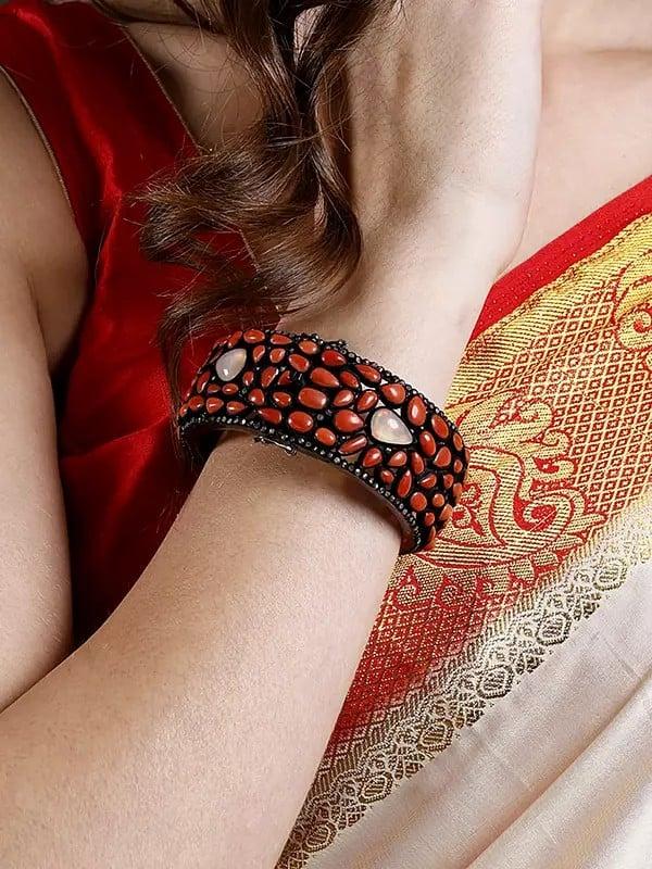 Exotic India Coral White Opal Cuff Sterling Bracelet With Real Diamonds 