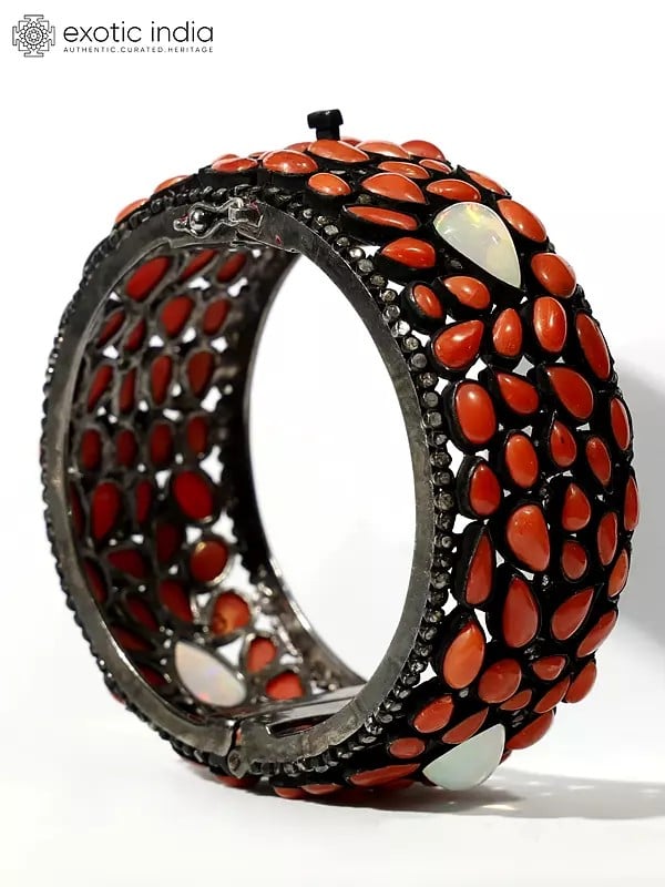 Exotic India Coral White Opal Cuff Sterling Bracelet With Real Diamonds 