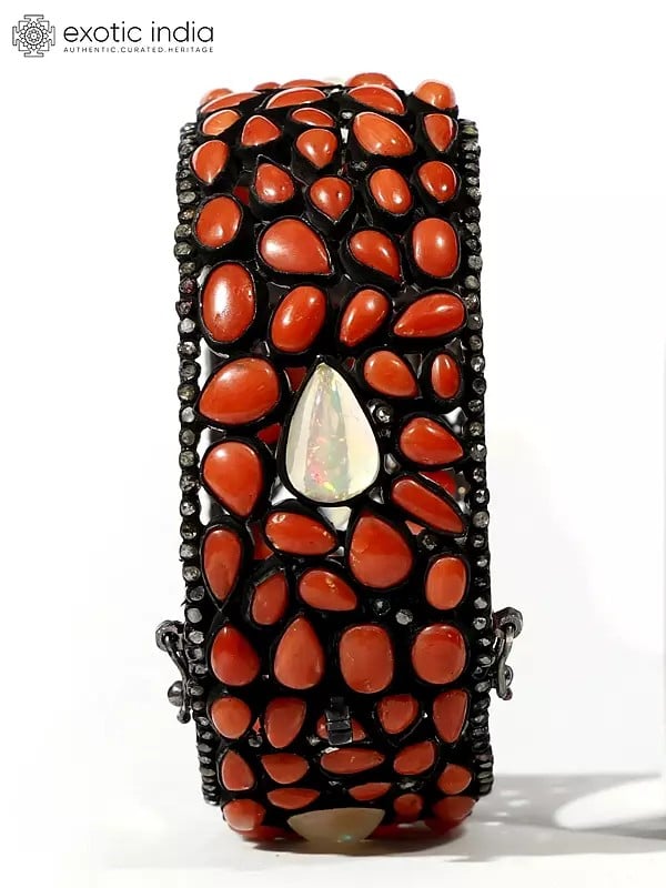 Exotic India Coral White Opal Cuff Sterling Bracelet With Real Diamonds 