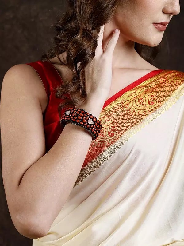 exotic india Coral White Opal Cuff Sterling Bracelet with Real Diamonds 