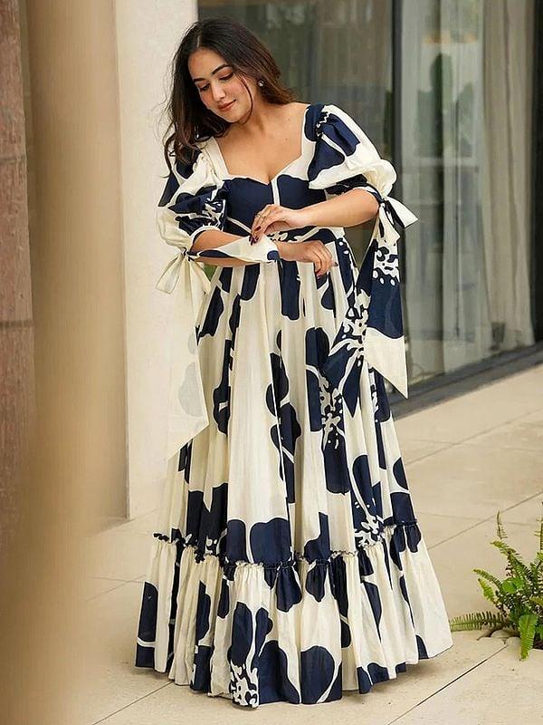 Exotic India Cotton Big Floral Motifs Heavy Digital Print Attractive Flared Party Wear Gown 