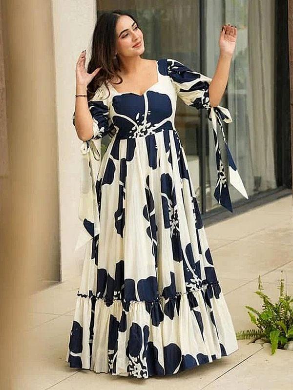Exotic India Cotton Big Floral Motifs Heavy Digital Print Attractive Flared Party Wear Gown 