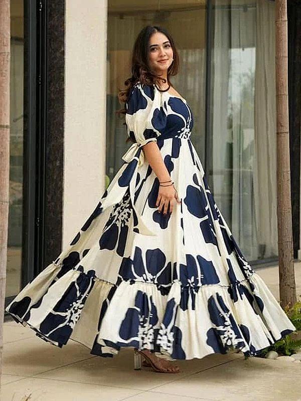 Exotic India Cotton Big Floral Motifs Heavy Digital Print Attractive Flared Party Wear Gown 