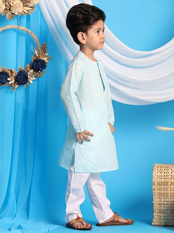 Exotic India Cotton Blend Embroidered Neckline Kurta With White Pajama 