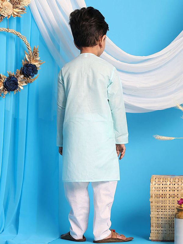 Exotic India Cotton Blend Embroidered Neckline Kurta With White Pajama 