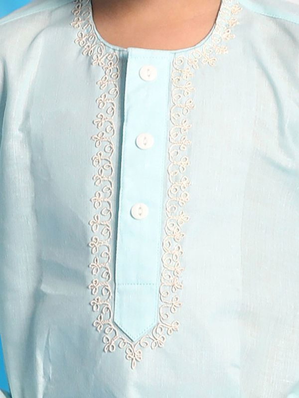 Exotic India Cotton Blend Embroidered Neckline Kurta With White Pajama 