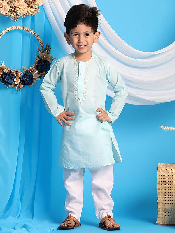 exotic india Cotton Blend Embroidered Neckline Kurta with White Pajama 