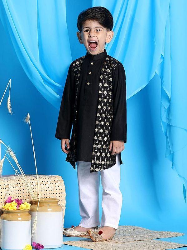 Exotic India Cotton Blend Foil Printed Flap Kurta With White Pajama 