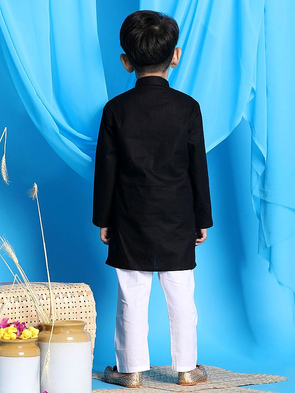 Exotic India Cotton Blend Foil Printed Flap Kurta With White Pajama 
